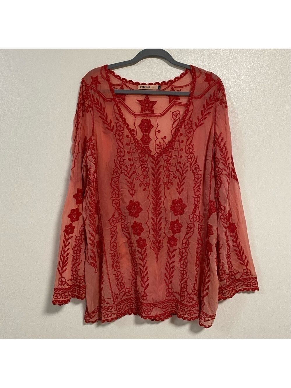 Origami by Vivian Sheer Embroidered Tunic Top Red Size Med/Large